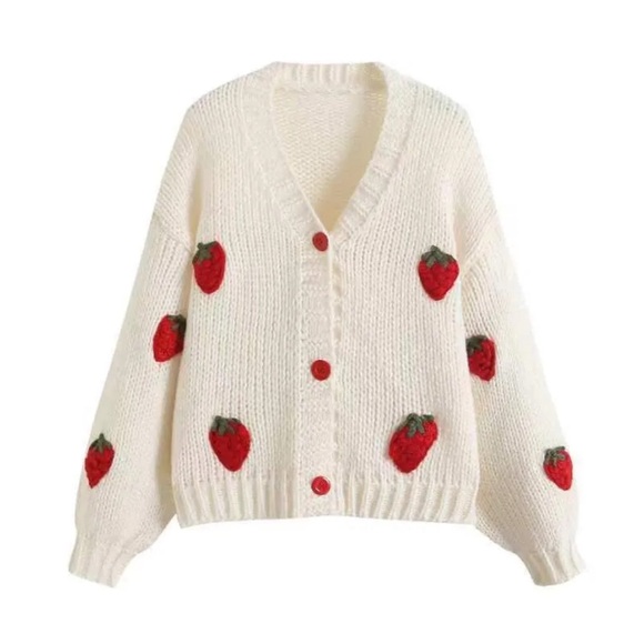 Sweaters - Strawberry knitted Sweater Cardigans Puff Long Sleeve Sweater Cardigan Harajuku